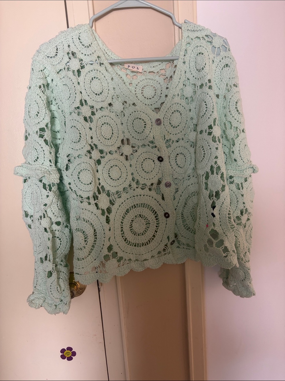 POL Mint Green Crochet Button-Front Openwork Sweater